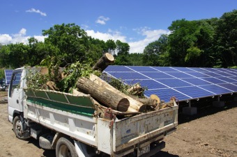 （写真）太陽光発電パネルと、切り開いた後に木材を捨てる自動車。山梨県北杜市で、2015年。日本各地で同じ光景が広がっている（著者撮影）